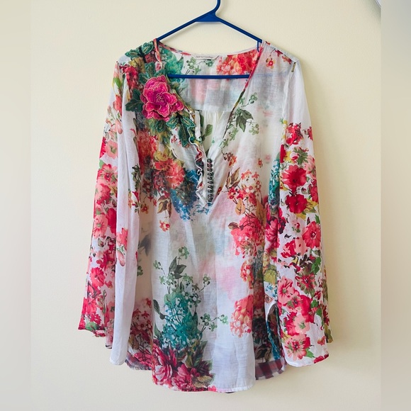 Soft Surroundings Tops - Soft Surroundings Long Sleeve Tunic Top Floral Applique Colorful Mix Print Sz L
